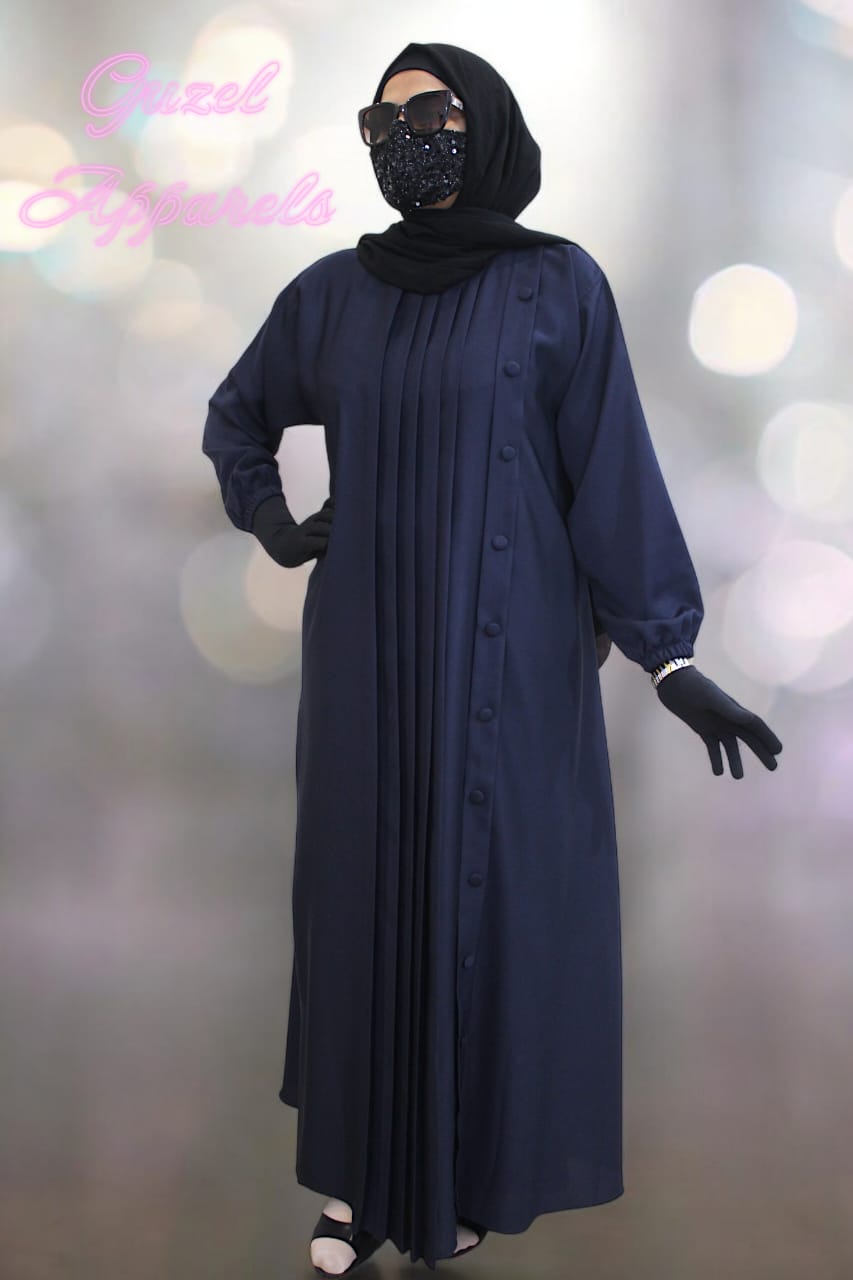 Blue Pleated Abaya With Buttons