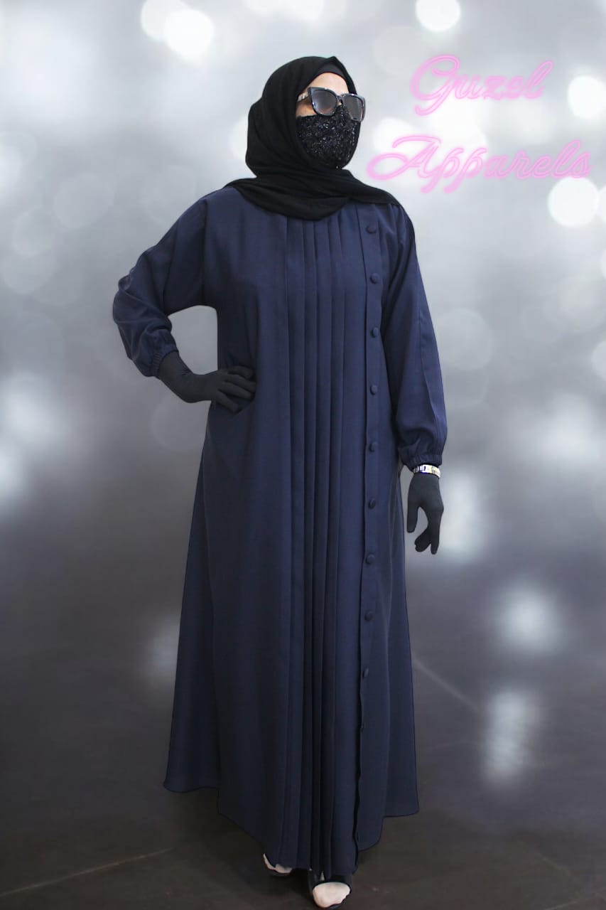 Blue Pleated Abaya With Buttons