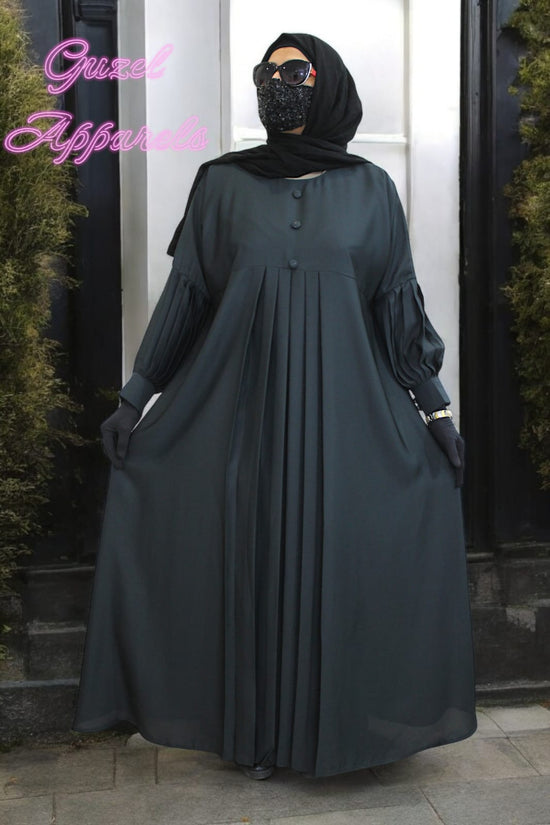 Deep Green Pleated Abaya With Buttons