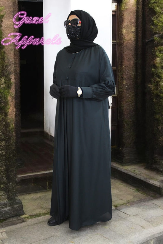 Deep Green Pleated Abaya With Buttons