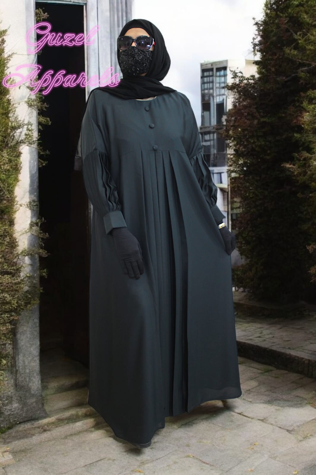 Deep Green Pleated Abaya With Buttons