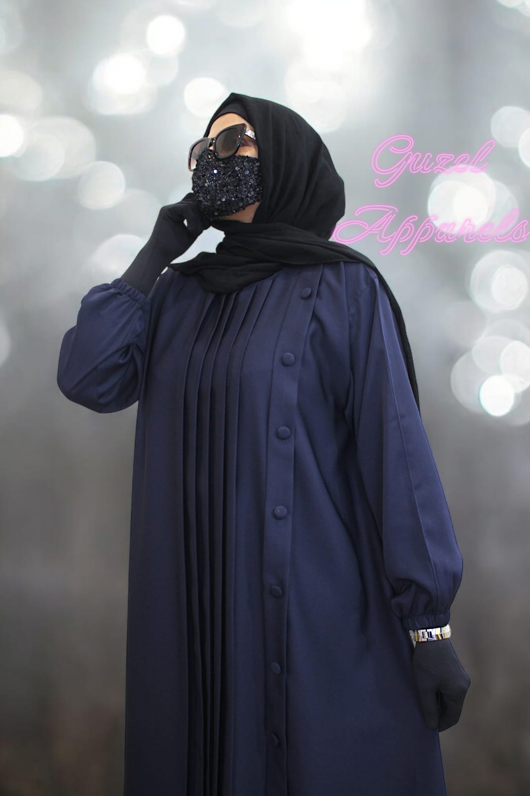 Blue Pleated Abaya With Buttons