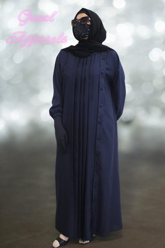 Blue Pleated Abaya With Buttons