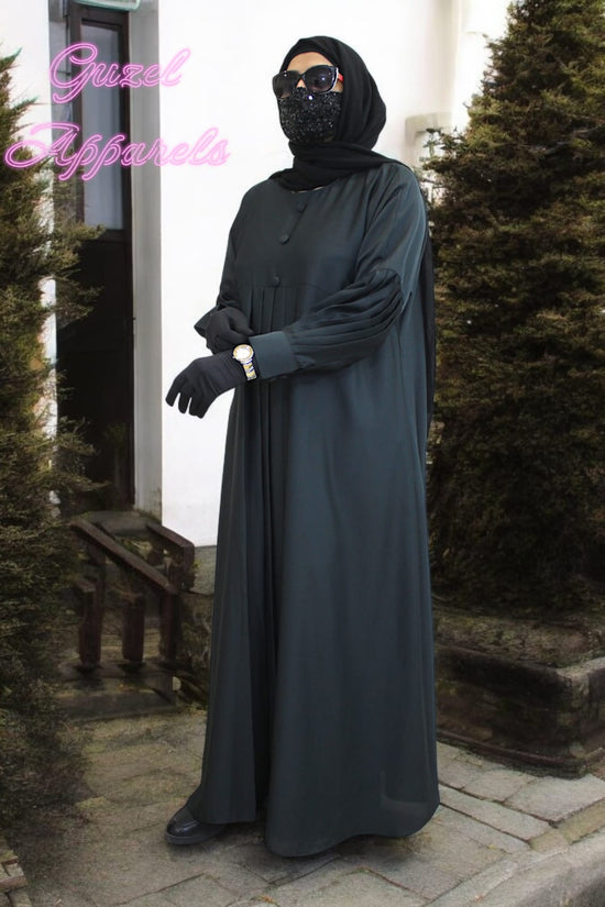 Deep Green Pleated Abaya With Buttons