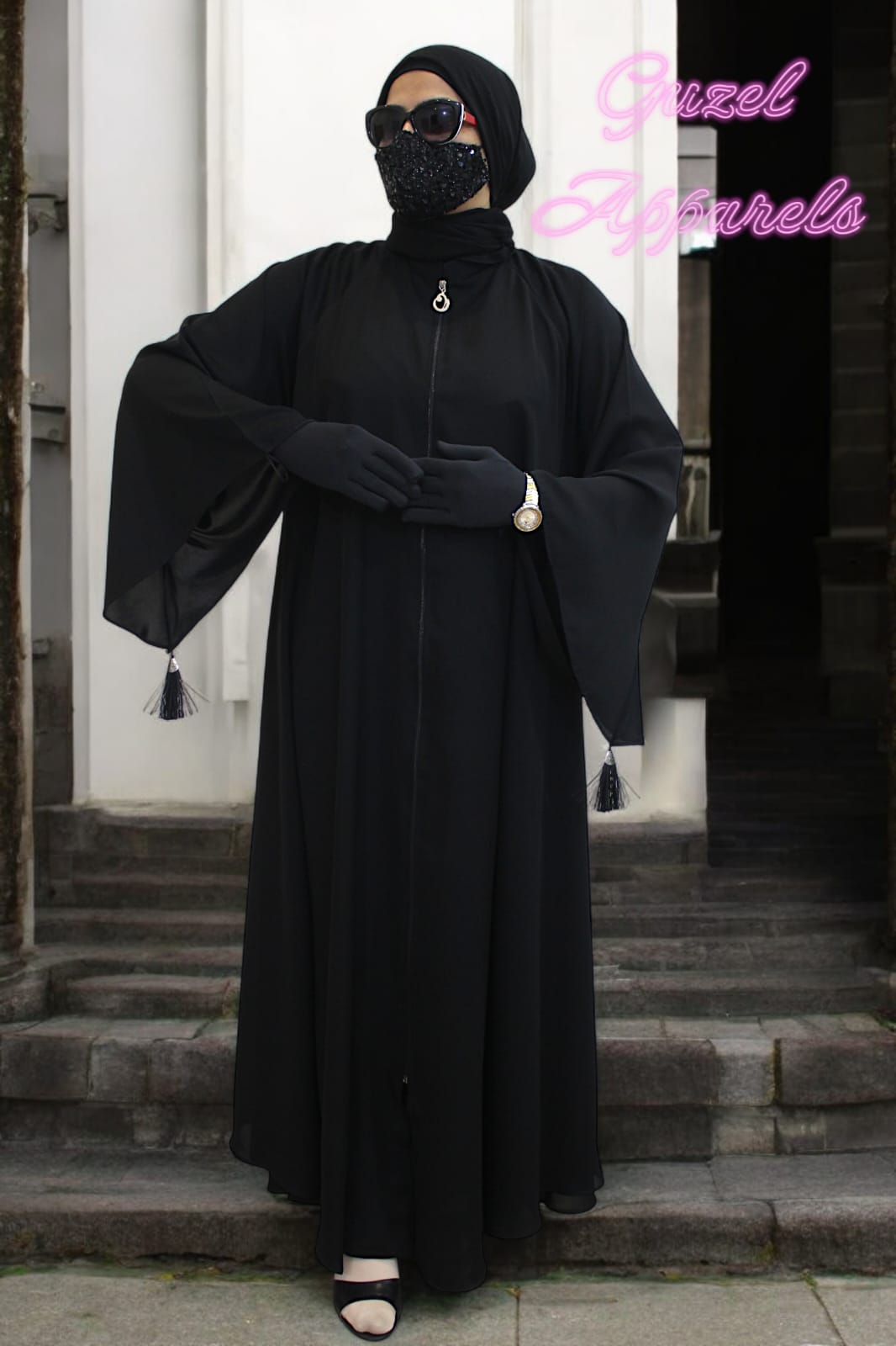 Black Zipper Abaya With Bell Sleeves