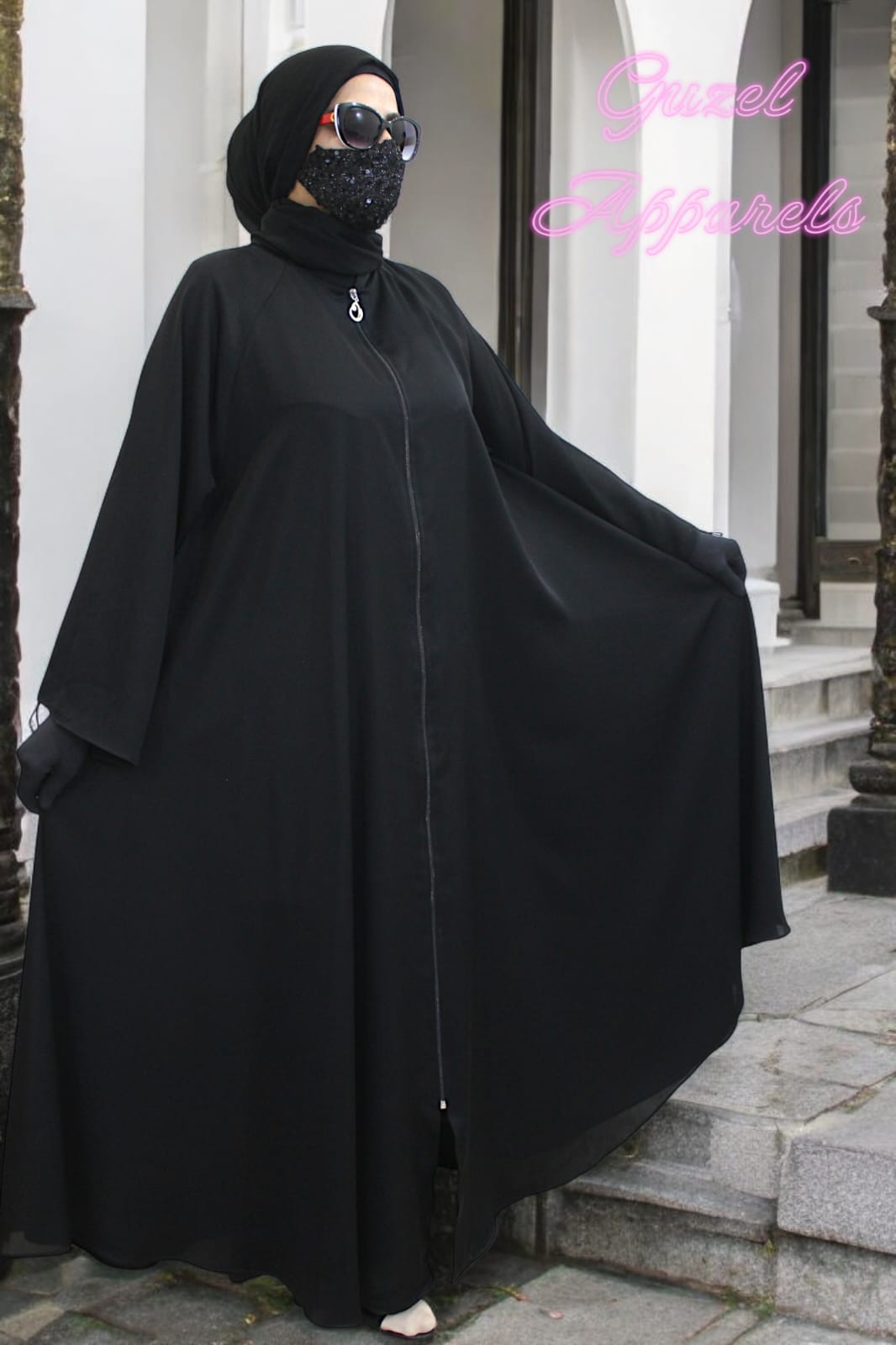 Black Zipper Abaya With Bell Sleeves