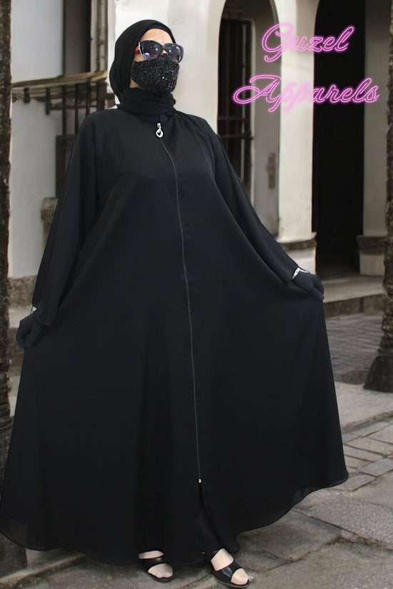 Black Zipper Abaya With Bell Sleeves