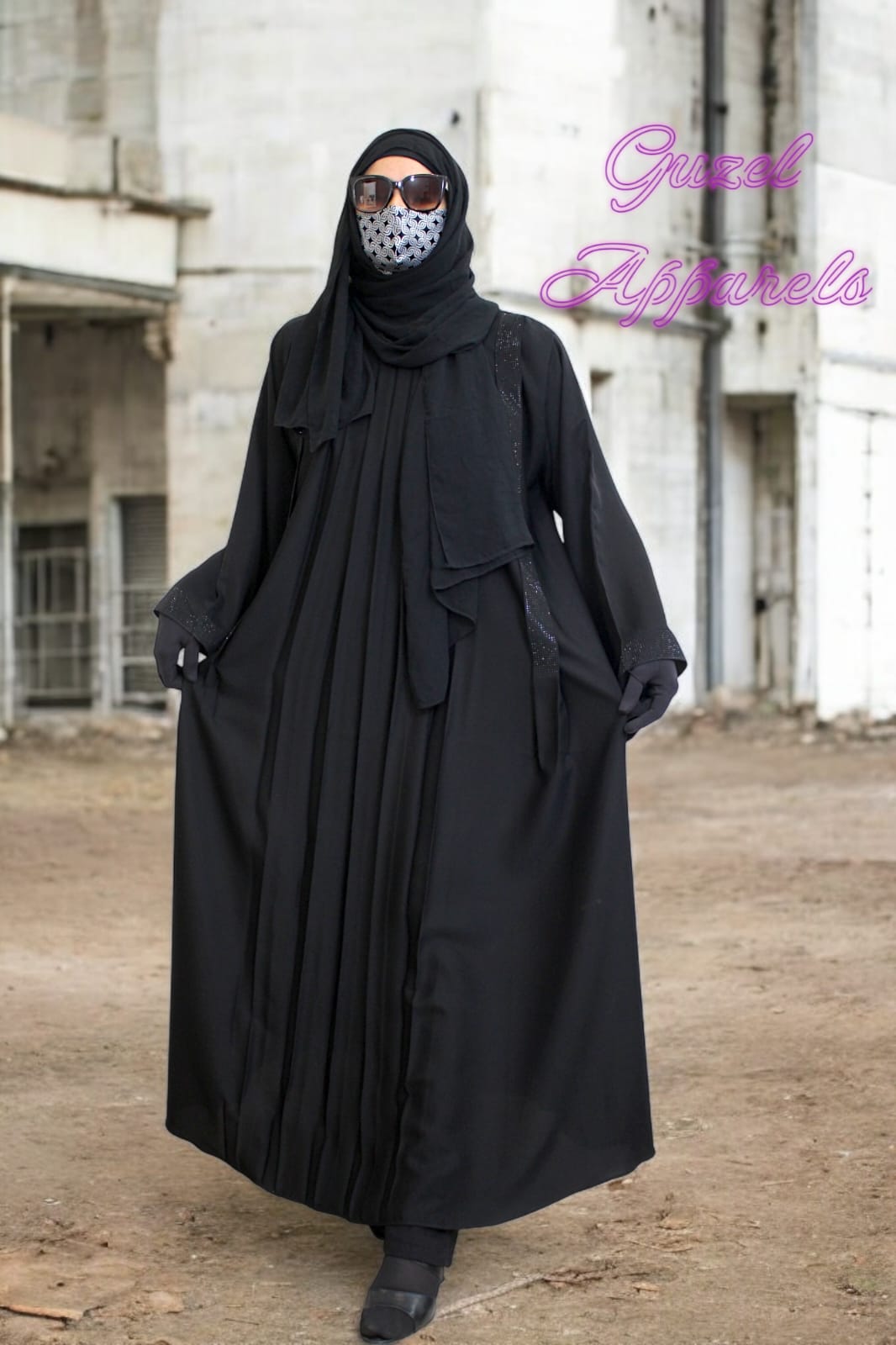 Black Pleated Abaya with Rhinestones