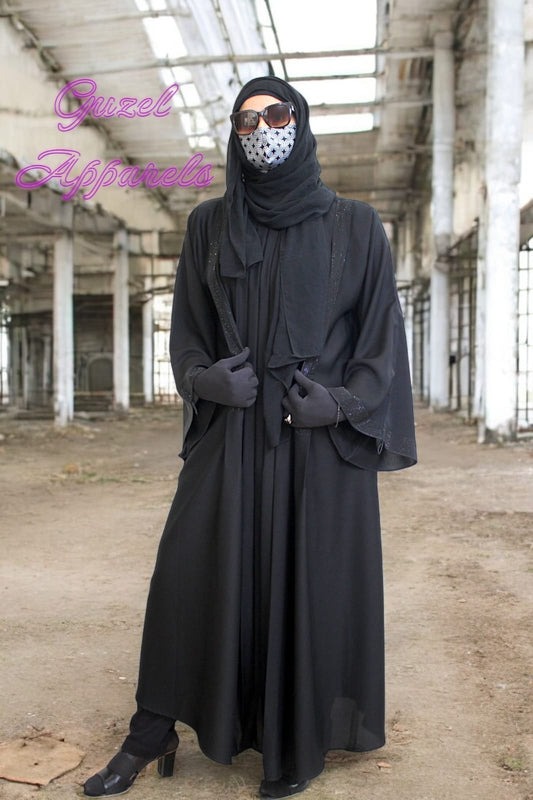 Black Pleated Abaya with Rhinestones