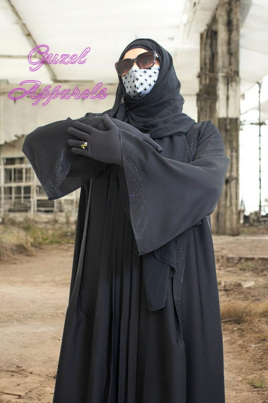 Black Pleated Abaya with Rhinestones