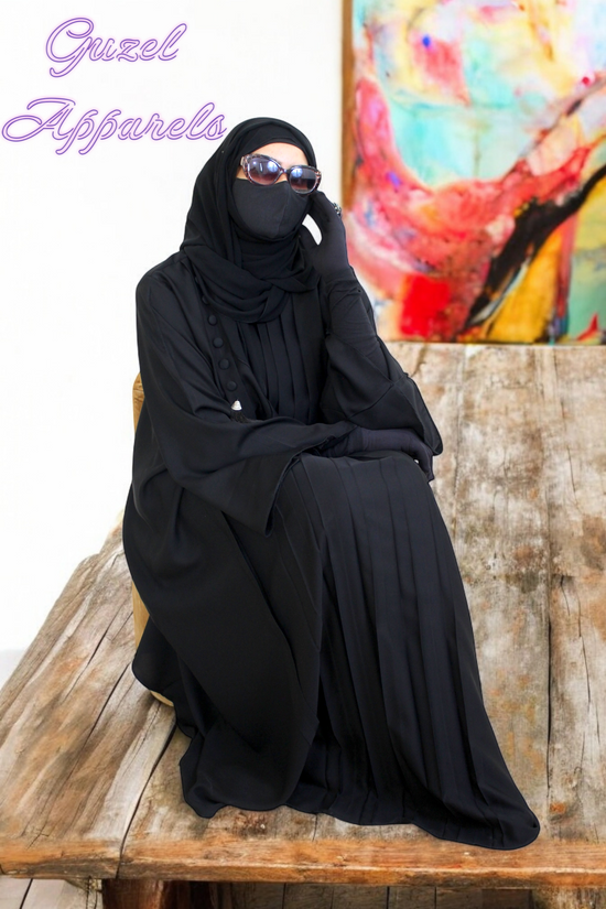 Black Pleated Abaya With Side Buttons and Tussle