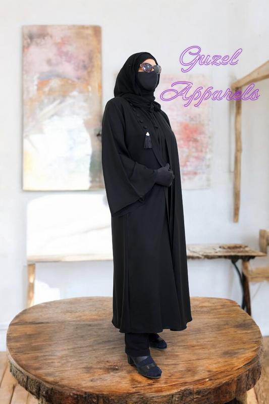 Black Pleated Abaya With Side Buttons and Tussle