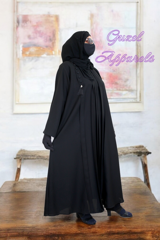 Black Pleated Abaya With Side Buttons and Tussle