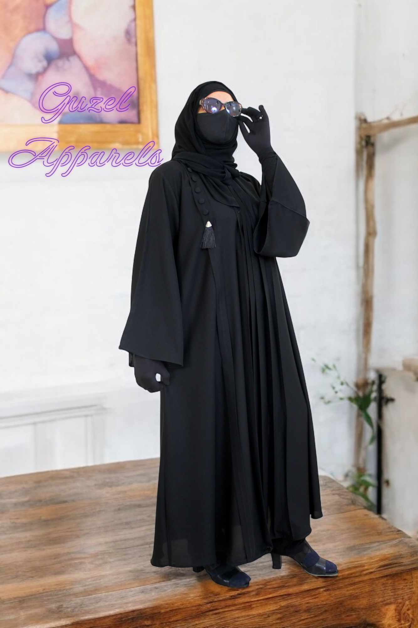 Black Pleated Abaya With Side Buttons and Tussle